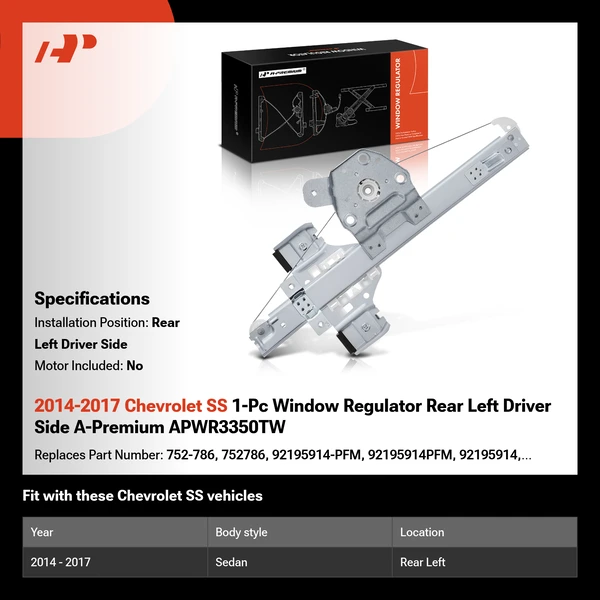 2014-2017 Chevrolet SS 1-Pc Window Regulator Rear Left Driver Side A-Premium APWR3350TW
