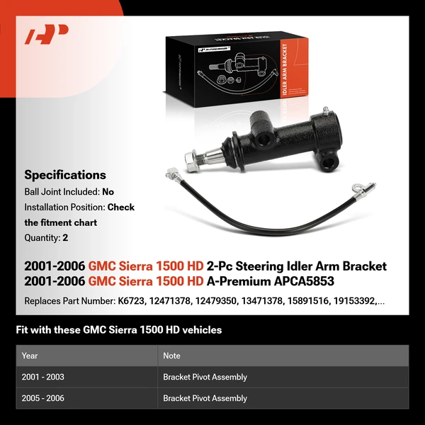 2001-2006 GMC Sierra 1500 HD 2-Pc Steering Idler Arm Bracket 2001-2006 GMC Sierra 1500 HD A-Premium APCA5853