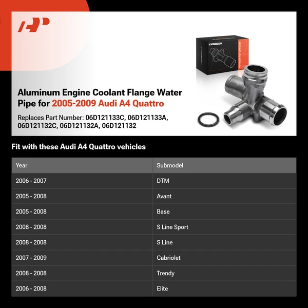 Aluminum Engine Coolant Flange Water Pipe for 2005-2009 Audi A4 Quattro