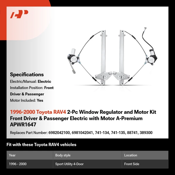 1996-2000 Toyota RAV4 2-Pc Window Regulator and Motor Kit Front Driver & Passenger Electric with Motor A-Premium APWR1647