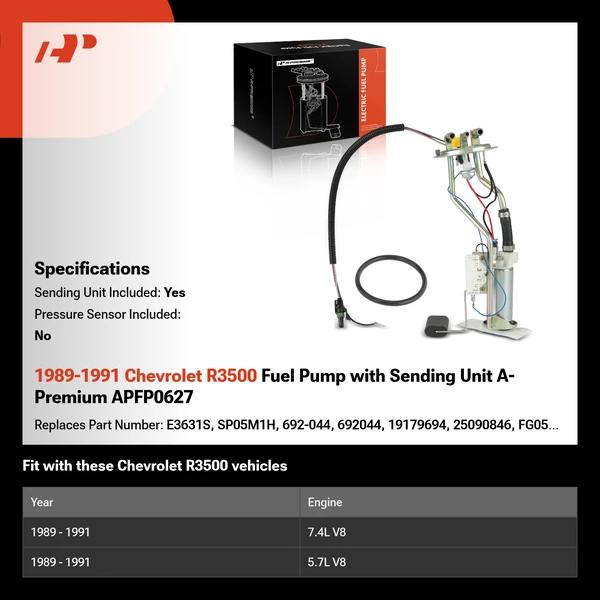 1989-1991 Chevrolet R3500 Fuel Pump with Sending Unit A-Premium APFP0627