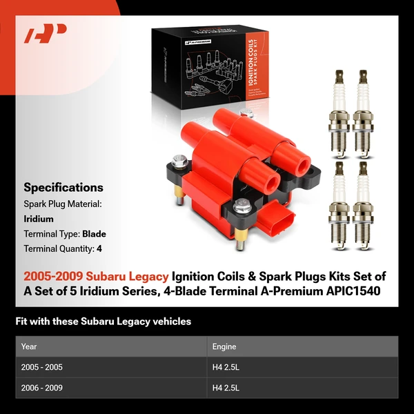 2005-2009 Subaru Legacy Ignition Coils & Spark Plugs Kits Set of A Set of 5 Iridium Series, 4-Blade Terminal A-Premium APIC1540