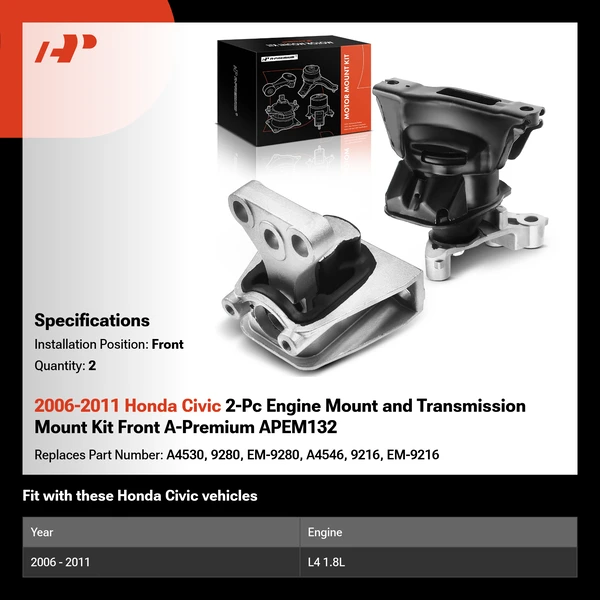 2006-2011 Honda Civic 2-Pc Engine Mount and Transmission Mount Kit Front A-Premium APEM132