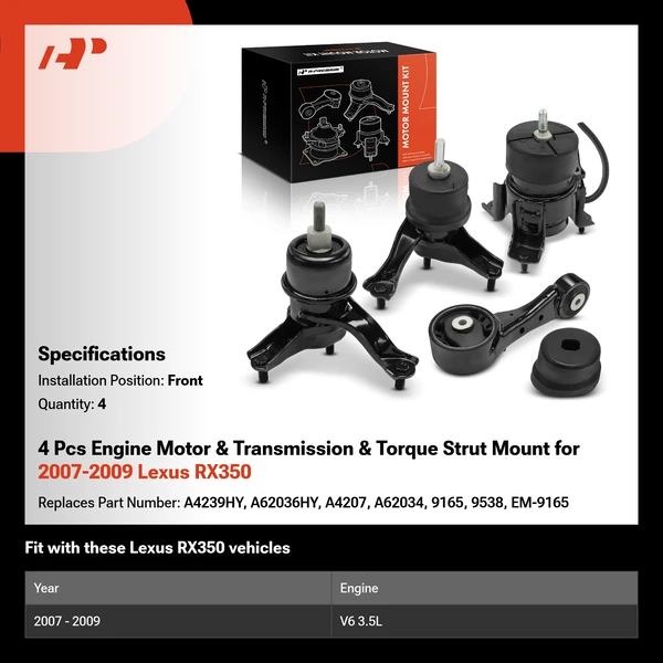 4 Pcs Engine Motor & Transmission & Torque Strut Mount for 2007-2009 Lexus RX350