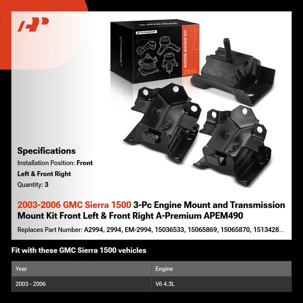 2003-2006 GMC Sierra 1500 3-Pc Engine Mount and Transmission Mount Kit Front Left & Front Right A-Premium APEM490