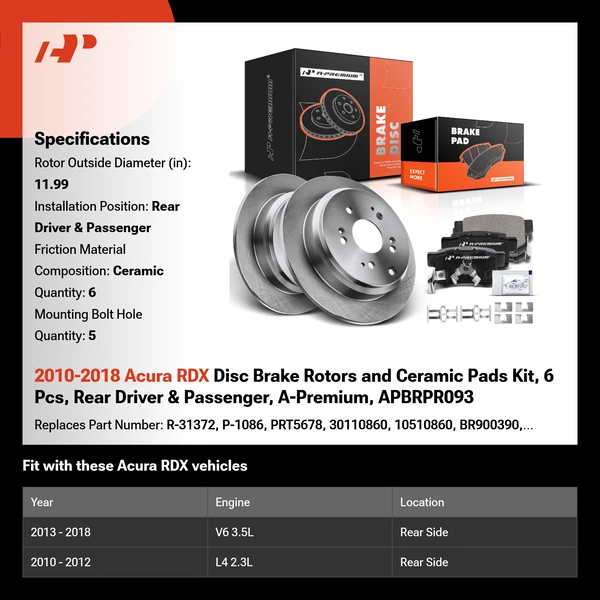 2010-2018 Acura RDX Disc Brake Rotors and Ceramic Pads Kit, 6 Pcs, Rear Driver & Passenger, A-Premium, APBRPR093