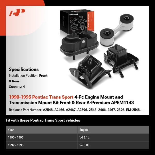 1990-1995 Pontiac Trans Sport 4-Pc Engine Mount and Transmission Mount Kit Front & Rear A-Premium APEM1143