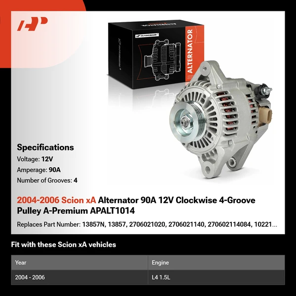 2004-2006 Scion xA Alternator 90A 12V Clockwise 4-Groove Pulley A-Premium APALT1014