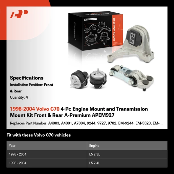 1998-2004 Volvo C70 4-Pc Engine Mount and Transmission Mount Kit Front & Rear A-Premium APEM927
