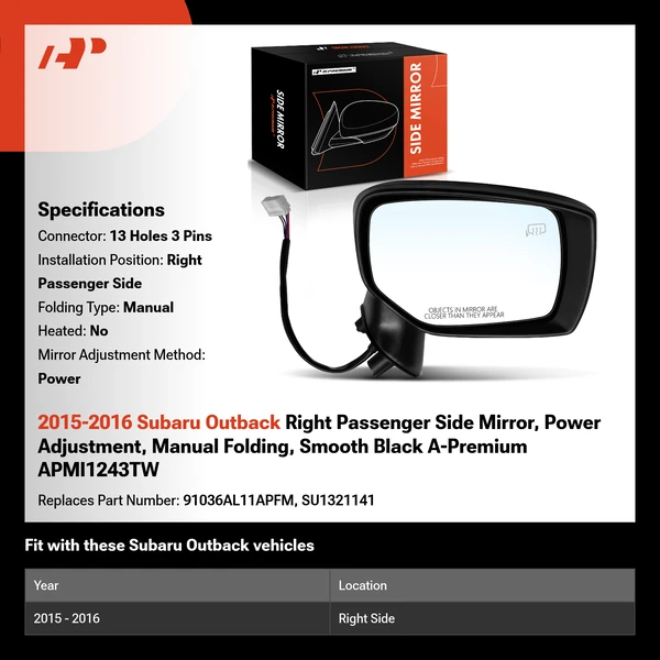 2015-2016 Subaru Outback Right Passenger Side Mirror, Power Adjustment, Manual Folding, Smooth Black A-Premium APMI1243TW