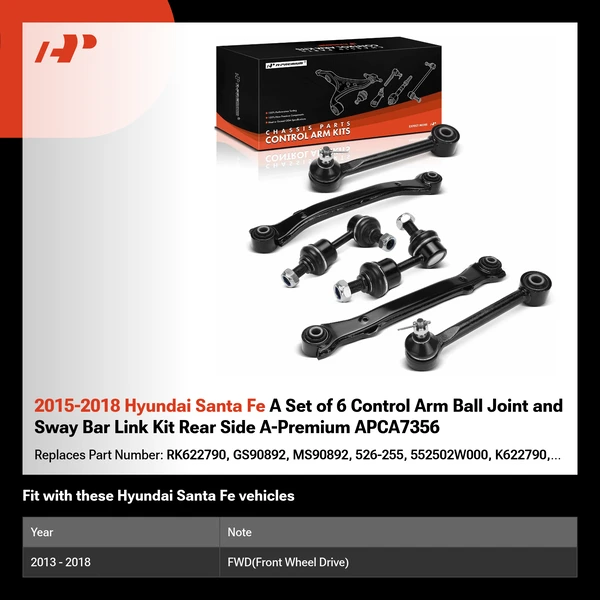 2015-2018 Hyundai Santa Fe A Set of 6 Control Arm Ball Joint and Sway Bar Link Kit Rear Side A-Premium APCA7356