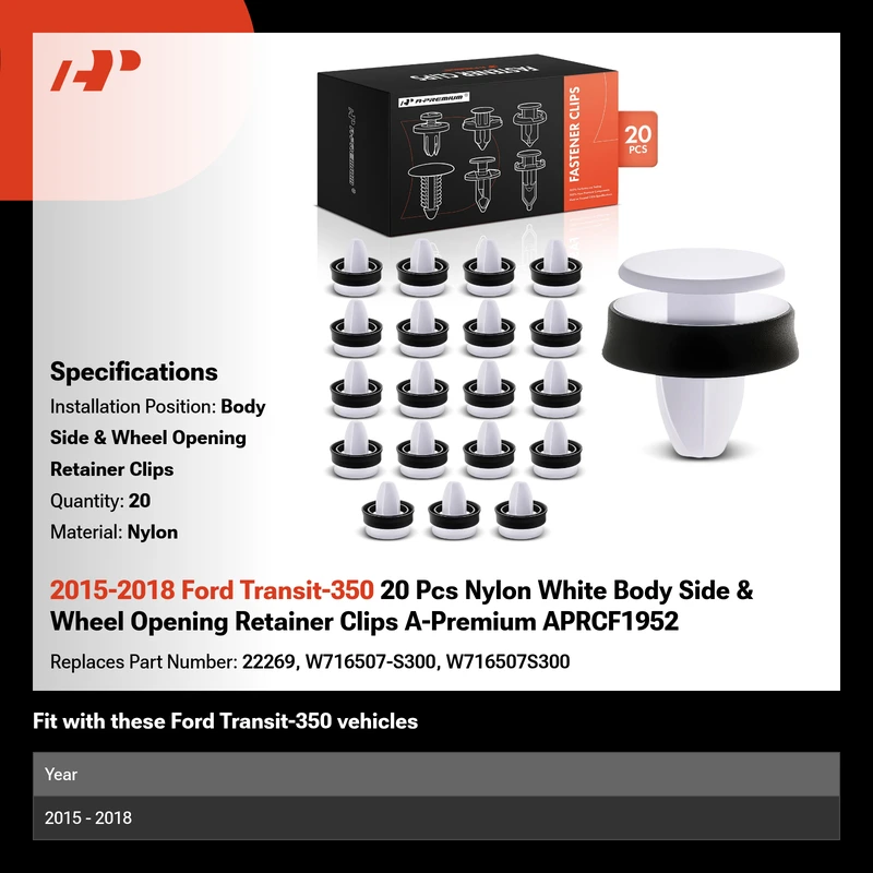 2015-2018 Ford Transit-350 20 Pcs Nylon White Body Side & Wheel Opening Retainer Clips A-Premium APRCF1952