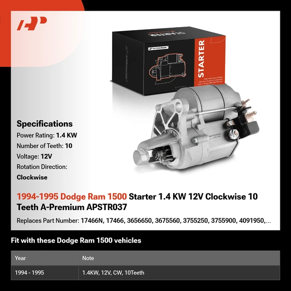1994-1995 Dodge Ram 1500 Starter 1.4 KW 12V Clockwise 10 Teeth A-Premium APSTR037