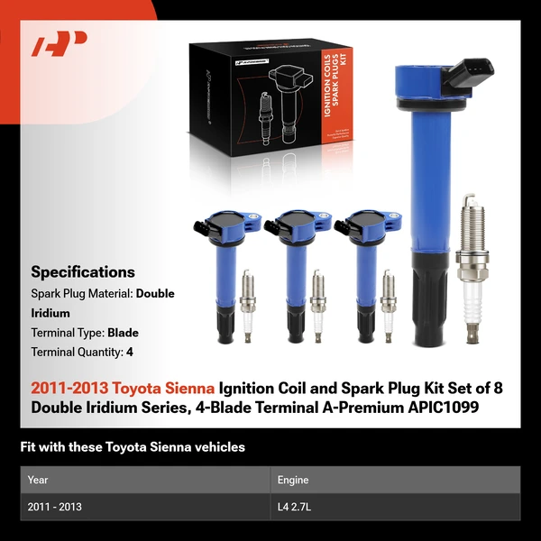 2011-2013 Toyota Sienna Ignition Coil and Spark Plug Kit Set of 8 Double Iridium Series, 4-Blade Terminal A-Premium APIC1099