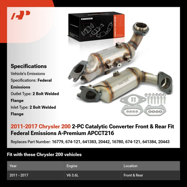 2011-2017 Chrysler 200 2-PC Catalytic Converter Front & Rear Fit Federal Emissions A-Premium APCCT216