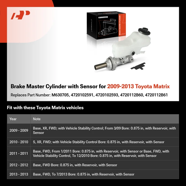 Brake Master Cylinder with Sensor for 2009-2013 Toyota Matrix