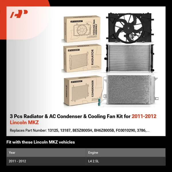 3 Pcs Radiator & AC Condenser & Cooling Fan Kit for 2011-2012 Lincoln MKZ