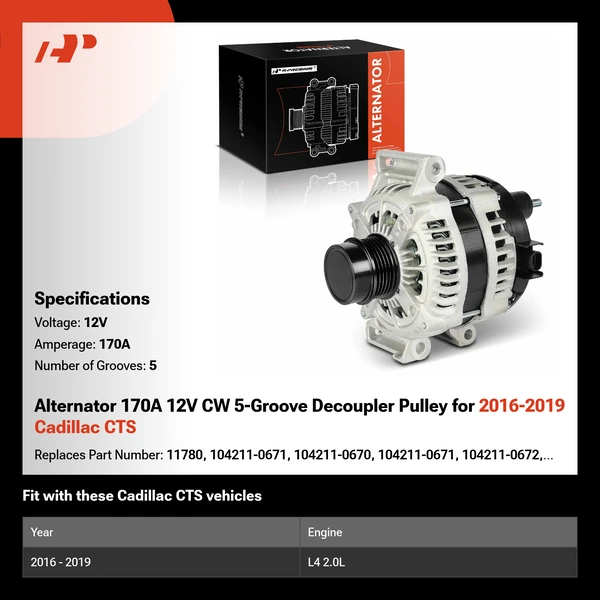 Alternator 170A 12V CW 5-Groove Decoupler Pulley for 2016-2019 Cadillac CTS