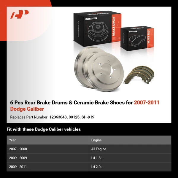6 Pcs Rear Brake Drums & Ceramic Brake Shoes for 2007-2011 Dodge Caliber