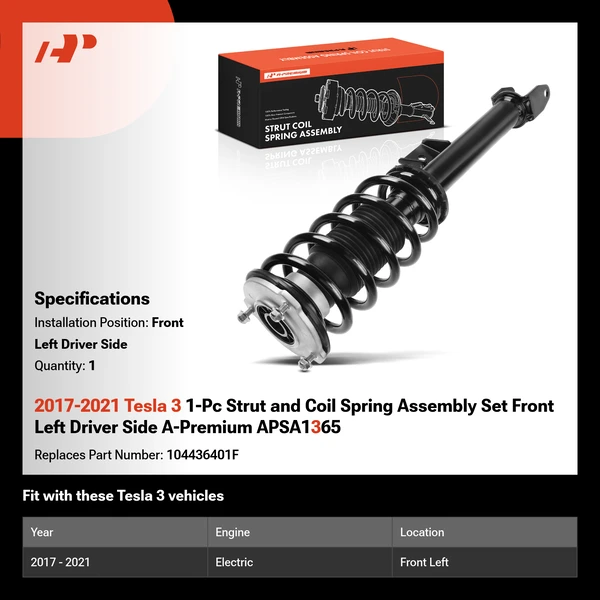 2017-2021 Tesla 3 1-Pc Strut and Coil Spring Assembly Set Front Left Driver Side A-Premium APSA1365