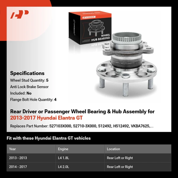 Rear Driver or Passenger Wheel Bearing & Hub Assembly for 2013-2017 Hyundai Elantra GT