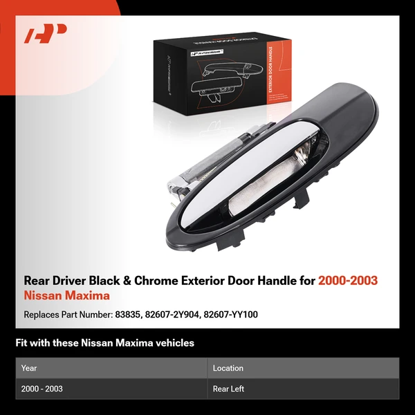Rear Driver Black & Chrome Exterior Door Handle for 2000-2003 Nissan Maxima