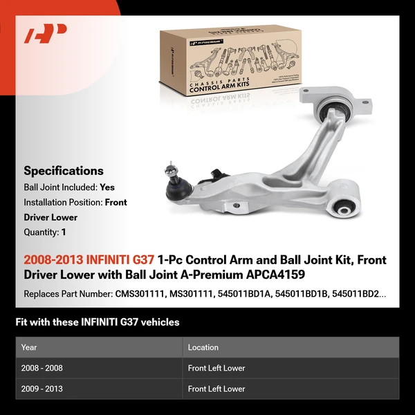 2008-2013 INFINITI G37 1-Pc Control Arm and Ball Joint Kit, Front Driver Lower with Ball Joint A-Premium APCA4159