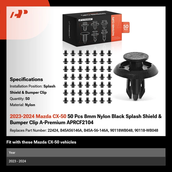 2023-2024 Mazda CX-50 50 Pcs 8mm Nylon Black Splash Shield & Bumper Clip A-Premium APRCF2104