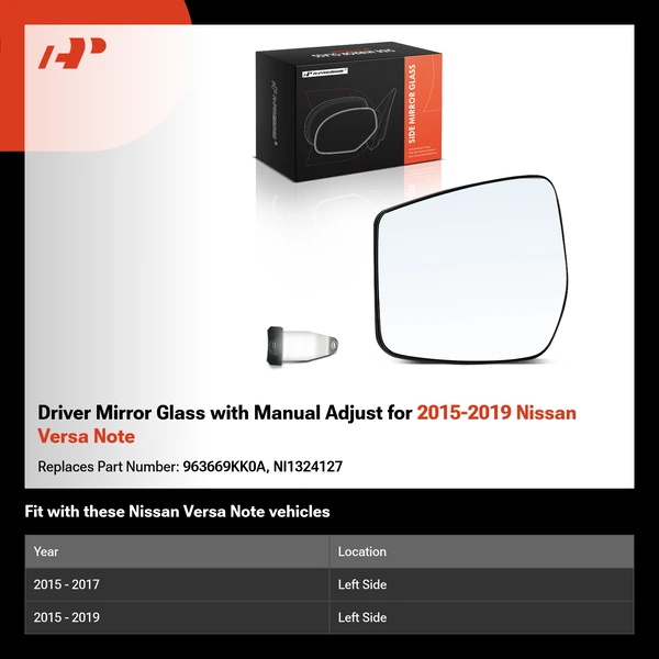 Driver Mirror Glass with Manual Adjust for 2015-2019 Nissan Versa Note