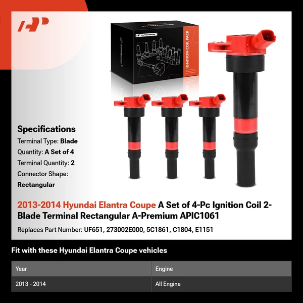 2013-2014 Hyundai Elantra Coupe A Set of 4-Pc Ignition Coil 2-Blade Terminal Rectangular A-Premium APIC1061