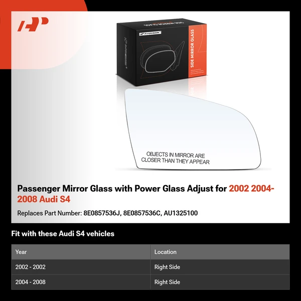 Passenger Mirror Glass with Power Glass Adjust for 2002 2004-2008 Audi S4