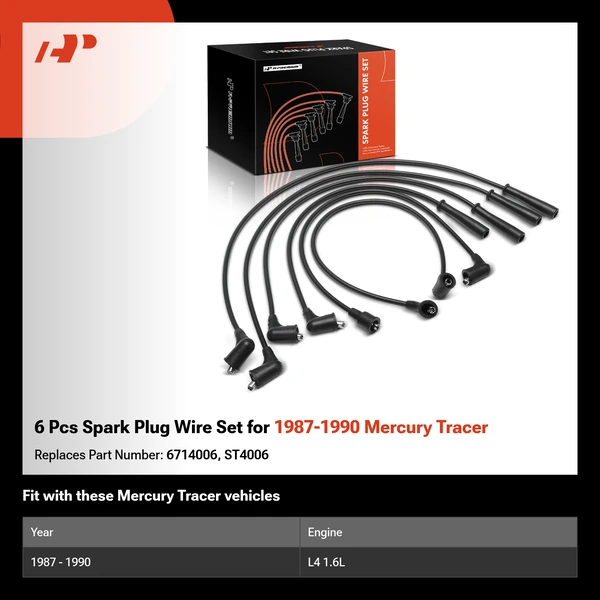 6 Pcs Spark Plug Wire Set for 1987-1990 Mercury Tracer