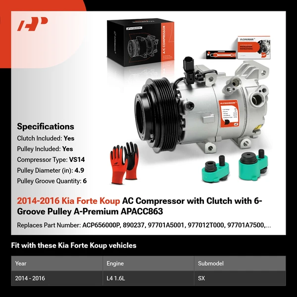 2014-2016 Kia Forte Koup AC Compressor with Clutch with 6-Groove Pulley A-Premium APACC863