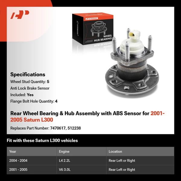 Rear Wheel Bearing & Hub Assembly with ABS Sensor for 2001-2005 Saturn L300