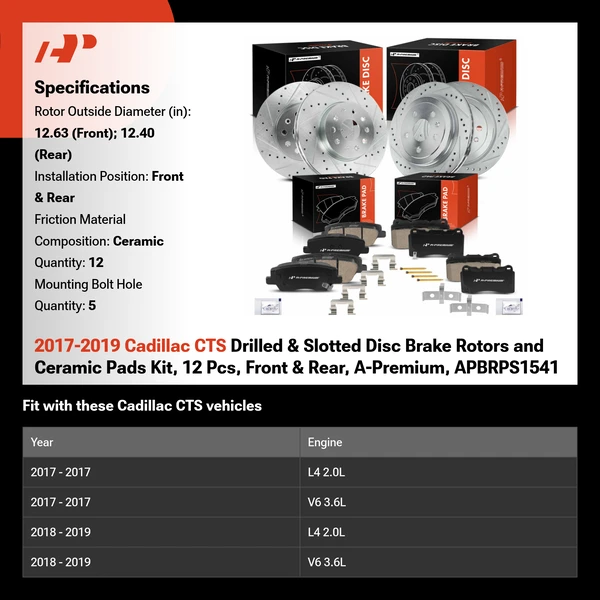2017-2019 Cadillac CTS Drilled & Slotted Disc Brake Rotors and Ceramic Pads Kit, 12 Pcs, Front & Rear, A-Premium, APBRPS1541