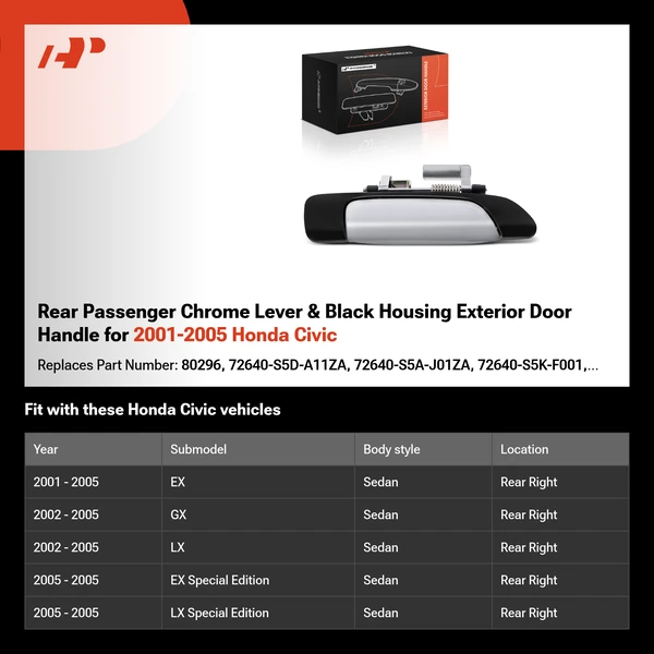 Rear Passenger Chrome Lever & Black Housing Exterior Door Handle for 2001-2005 Honda Civic