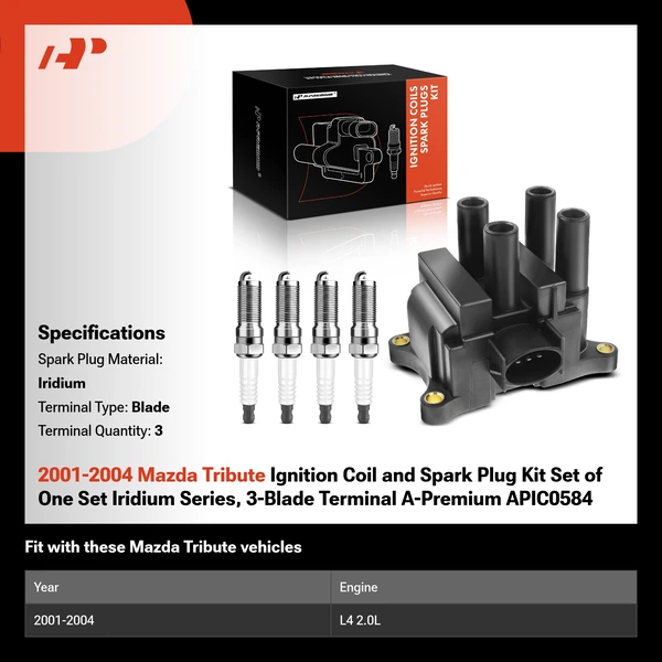 2001-2004 Mazda Tribute Ignition Coil and Spark Plug Kit Set of One Set Iridium Series, 3-Blade Terminal A-Premium APIC0584