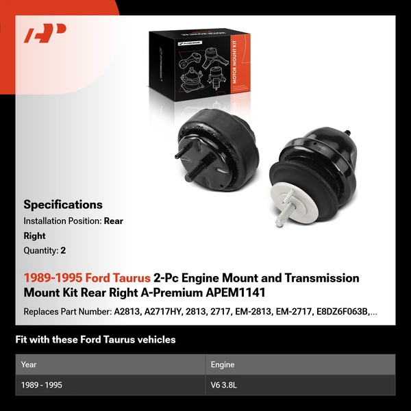 1989-1995 Ford Taurus 2-Pc Engine Mount and Transmission Mount Kit Rear Right A-Premium APEM1141