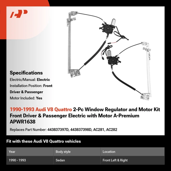 1990-1993 Audi V8 Quattro 2-Pc Window Regulator and Motor Kit Front Driver & Passenger Electric with Motor A-Premium APWR1638