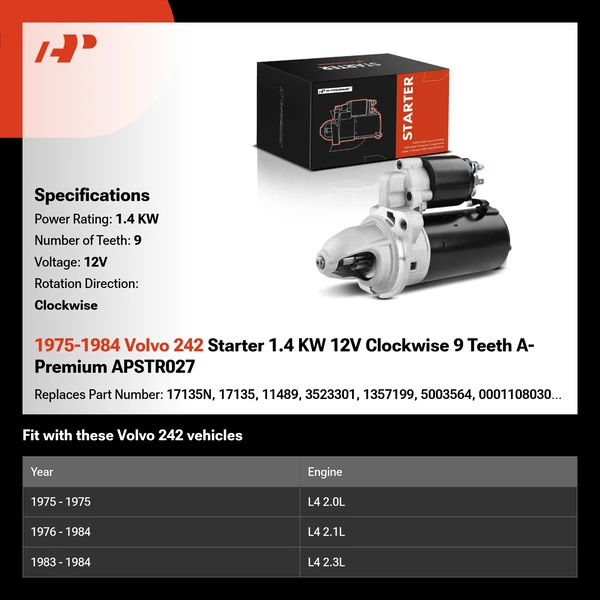1975-1984 Volvo 242 Starter 1.4 KW 12V Clockwise 9 Teeth A-Premium APSTR027