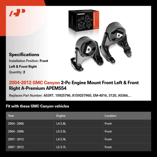 2004-2012 GMC Canyon 2-Pc Engine Mount Front Left & Front Right A-Premium APEM554