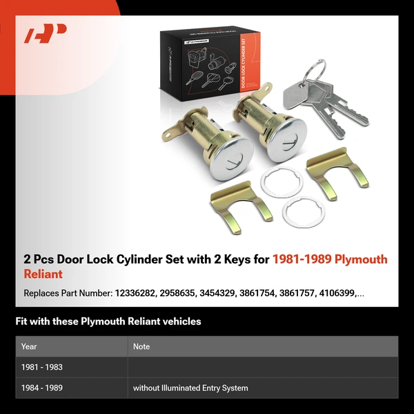 2 Pcs Door Lock Cylinder Set with 2 Keys for 1981-1989 Plymouth Reliant