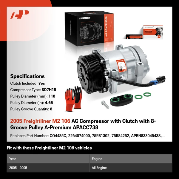 2005 Freightliner M2 106 AC Compressor with Clutch with 8-Groove Pulley A-Premium APACC738