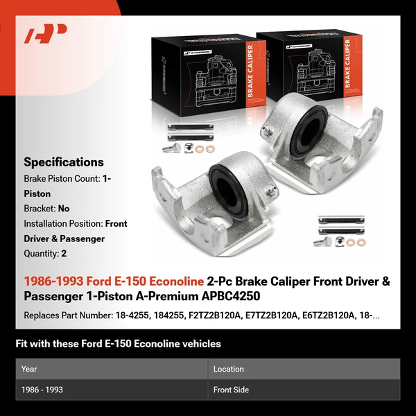 1986-1993 Ford E-150 Econoline 2-Pc Brake Caliper Front Driver & Passenger 1-Piston A-Premium APBC4250