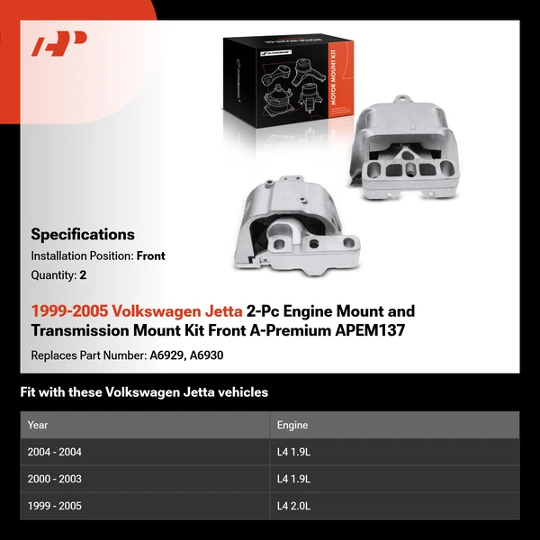 1999-2005 Volkswagen Jetta 2-Pc Engine Mount and Transmission Mount Kit Front A-Premium APEM137