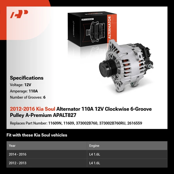 2012-2016 Kia Soul Alternator 110A 12V Clockwise 6-Groove Pulley A-Premium APALT827