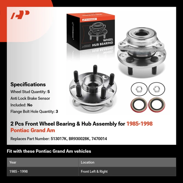 2 Pcs Front Wheel Bearing & Hub Assembly for 1985-1998 Pontiac Grand Am