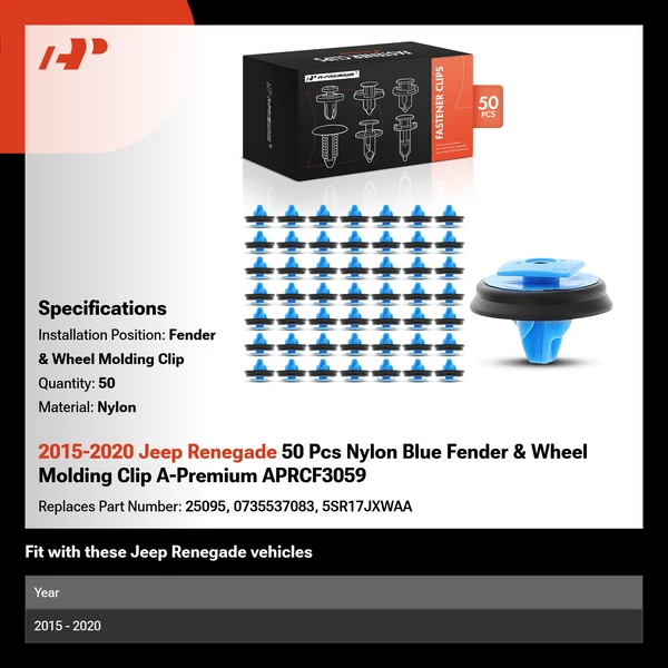 2015-2020 Jeep Renegade 50 Pcs Nylon Blue Fender & Wheel Molding Clip A-Premium APRCF3059