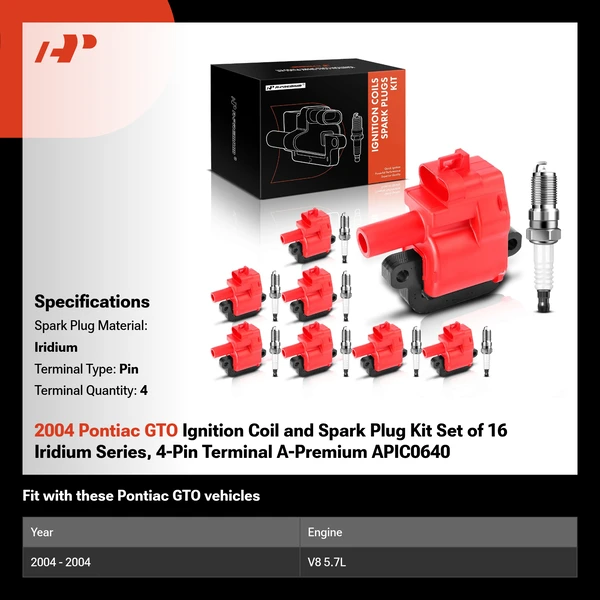 2004 Pontiac GTO Ignition Coil and Spark Plug Kit Set of 16 Iridium Series, 4-Pin Terminal A-Premium APIC0640