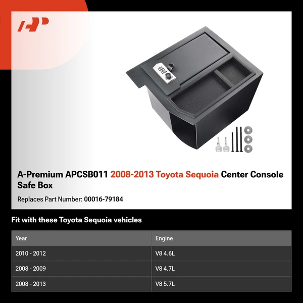 A-Premium APCSB011 2008-2013 Toyota Sequoia Center Console Safe Box